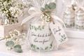 Windlicht Glas mit Kerze und Bandarole Eukalyptus Gastgeschenkidee zur Hochzeit, Geburtstag, Jubiläum, Party 4