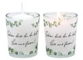 Windlicht Glas mit Banderole und Kerze Eukalyptus Spruch 