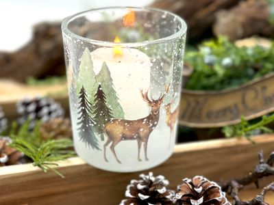 Windlicht Teelichthalter Glas Hirschpaar Schnee Tanne Weihnachten Deko 8cm hoch