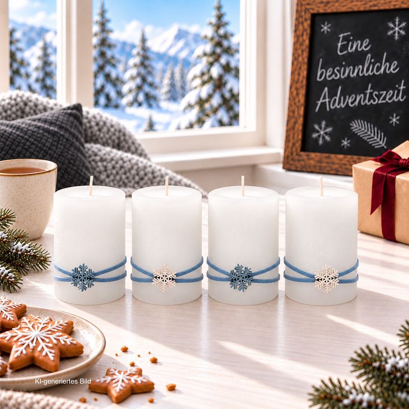 Adventskerzen Kerzen Weiß Stumpenkerzen mit Schneeflocke Weihnachten Advent Deko 9x6cm 4 Stück