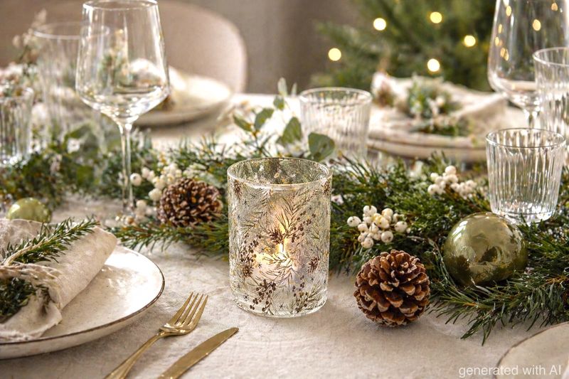 Glaswindlicht Glas Tannenzweigen Zapfen Deko Weihnachten Advent Winter Deko 10cm H