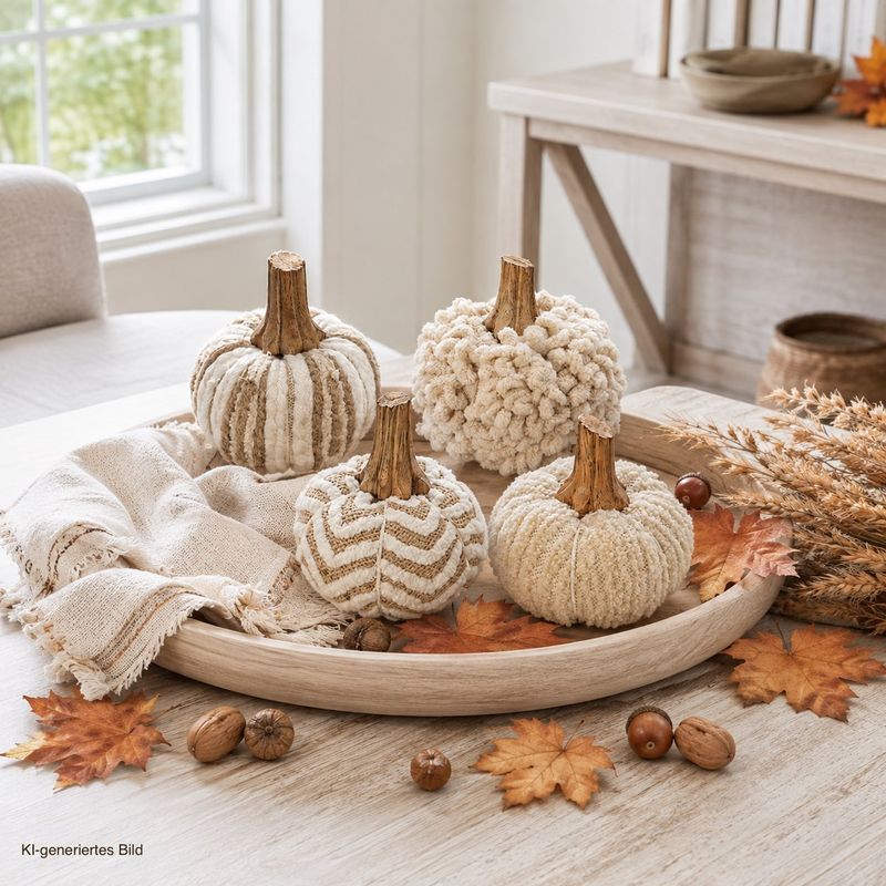 Kürbis Stoff Creme Braun Holz Herbst Deko Tischdeko 9cm Ø