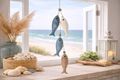 Maritime Girlande mit Fischen, Muscheln aus Kunstleder in Blau, Weiß, Braun, Natur 5