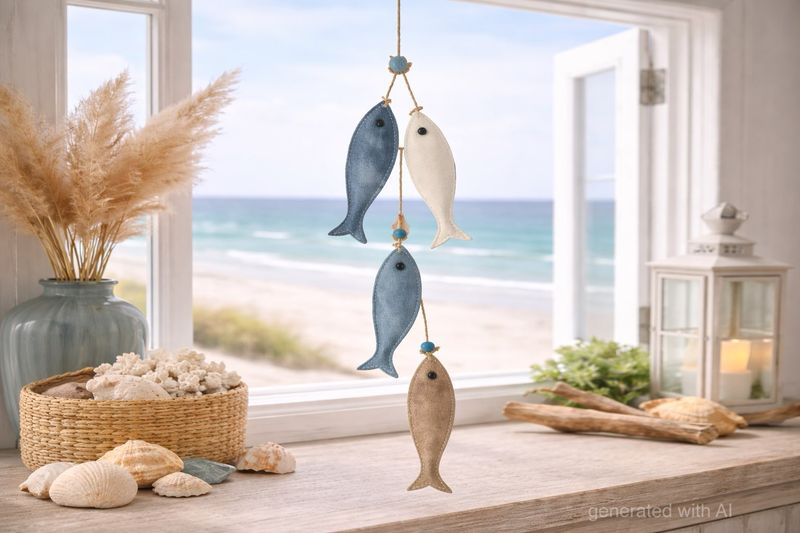 Maritime Girlande Hängedeko Blau Braun Weiß Fische Deko 48 cm