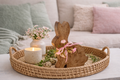 Deko Hase aus Mangoholz liebevoll dekoriert mit einer kleinen Schleife & Kunst-Schleierkraut in Rosa 2