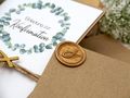 Siegel Einladungskarte mit Briefumschlag Personalisiert Kommunion Konfirmation Eukalyptus Kraft Fisch Gold 5