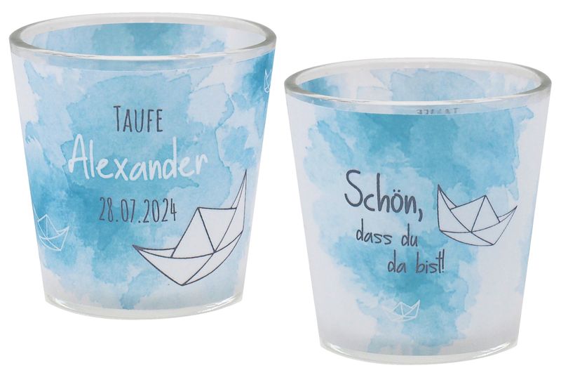 Windlicht Banderole Papierboot Taufe Kommunion Geburtstag PERSONALISIERT 7,5cm H