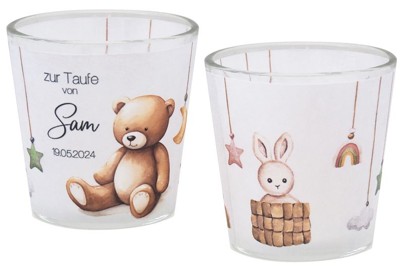 Windlicht Banderole Boho Taufe Geburtstag Baby Tischdeko PERSONALISIERT 7,5cm H