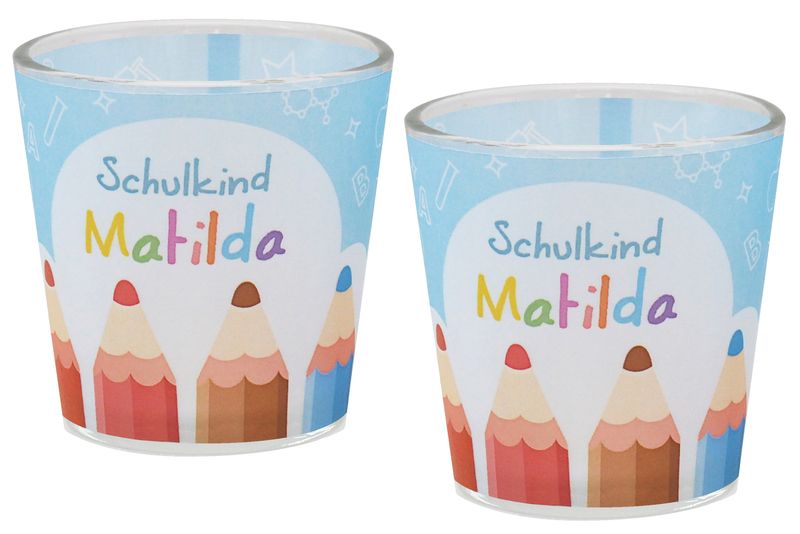 Windlicht Banderole Buntstifte Kerzenglas Votivglas Einschulung Schulbeginn PERSONALISIERT 7,5cm Hoch