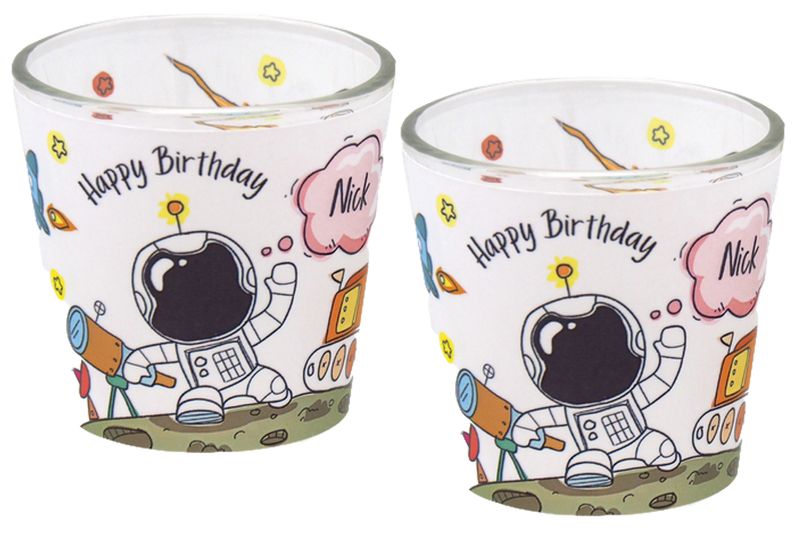 Windlicht Banderole Astronaut Planet Sterne Geburtstag Kinder Party Votivglas Junge Tischdeko PERSONALISIERT 7,5cm Hoch