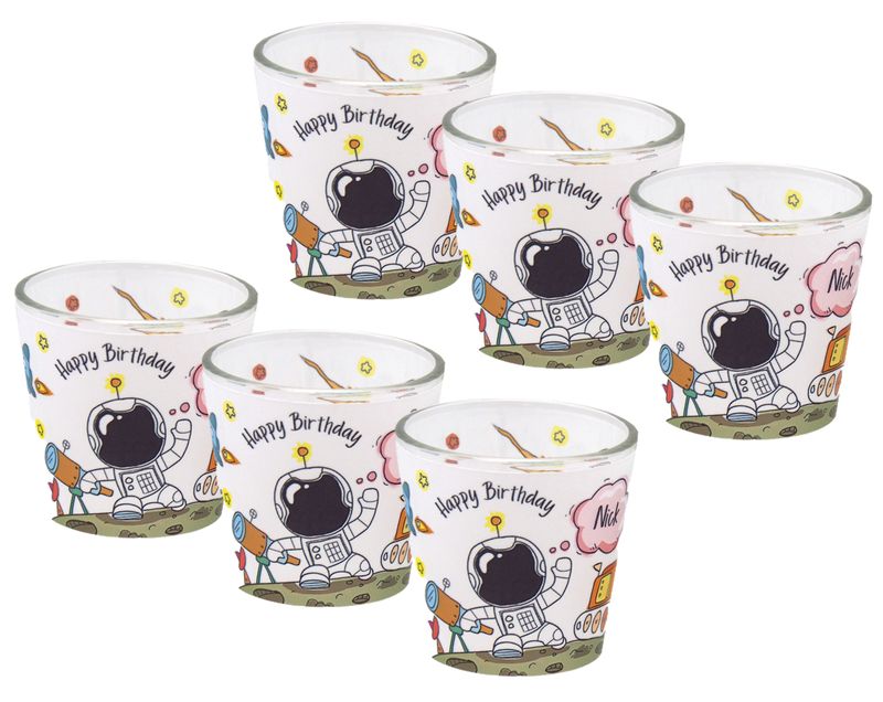 Windlicht Banderole Astronaut Planet Sterne Geburtstag Kinder Party Votivglas Junge Tischdeko PERSONALISIERT 7,5cm Hoch