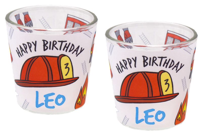 Windlicht Banderole Feuerwehr Auto Geburtstag Kinder Party Votivglas Junge Tischdeko PERSONALISIERT 7,5cm Hoch
