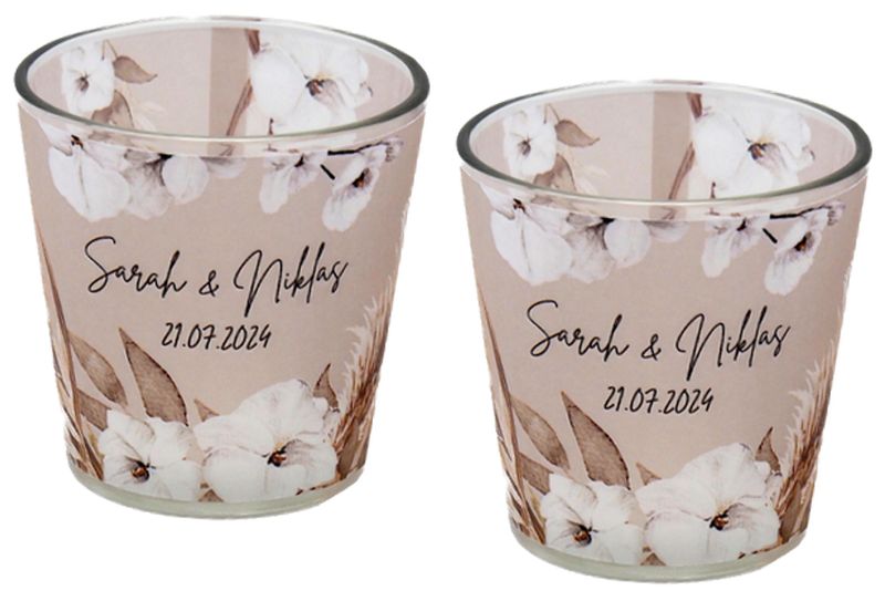 Windlicht Banderole Taupe Braun Boho Beige Creme Pampas Gräser Kerzenglas Votivglas Hochzeit Geburtstag PERSONALISIERT 7,5cm Hoch