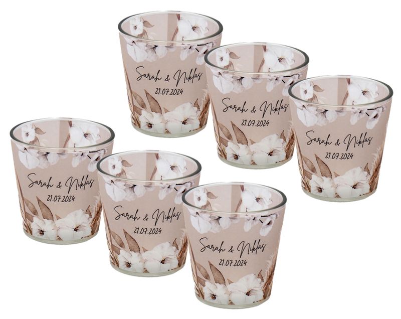 Windlicht Banderole Taupe Braun Boho Beige Creme Pampas Gräser Kerzenglas Votivglas Hochzeit Geburtstag PERSONALISIERT 7,5cm Hoch