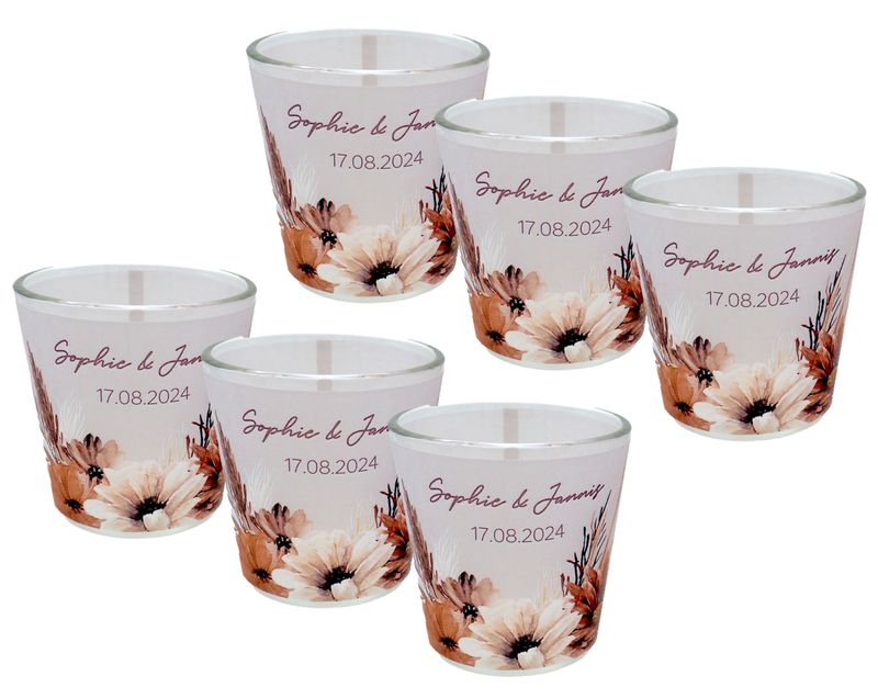 Windlicht Banderole Braun Boho Beige Rost Pampas Gräser Hochzeit Geburtstag PERSONALISIERT 7,5cm Hoch