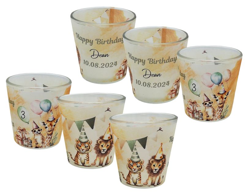 Windlicht Banderole Safari Geburtstag Löwe Tiger Giraffe Erdmännchen Kinder Party Votivglas Tischdeko PERSONALISIERT 7,5cm Hoch