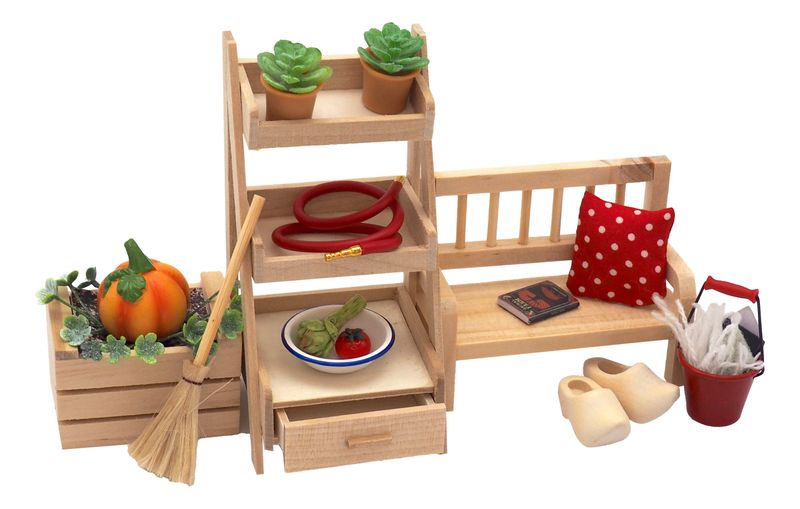 Wichtel Zubehör Miniatur Kürbis Sitzbank Holzschuhe Putzeimer Besen Garten