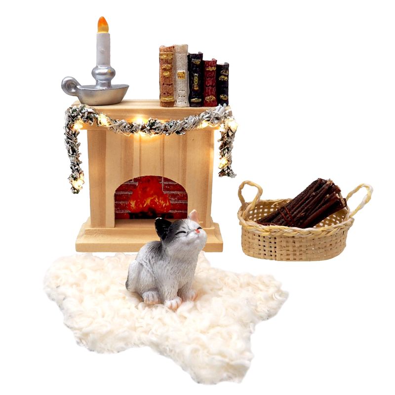 Wichtel Zubehör Kamin Kaminfell Korb Brennholz Bücher Kerze Katze sitzend