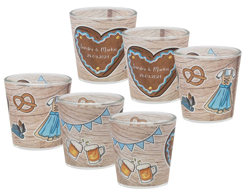 Windlicht Banderole Oktoberfest Hellblau Braun Hochzeit Party Votivglas Tischdeko PERSONALISIERT 7,5cm H