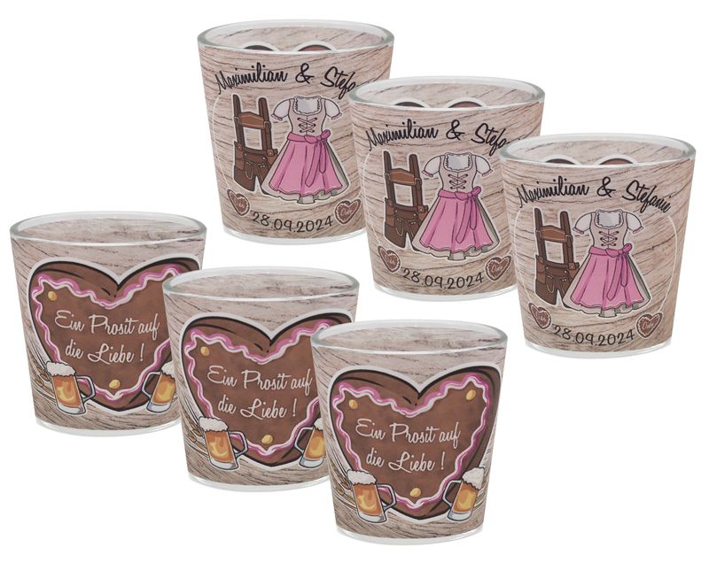 Windlicht Banderole Oktoberfest Pink Braun Hochzeit Party Votivglas Tischdeko PERSONALISIERT 7,5cm H