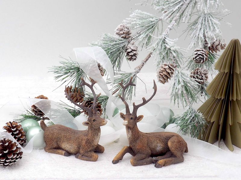 Hirsch Deko Figur Braun Rentier Liegend Weihnachten Herbst Advent 2 Stück