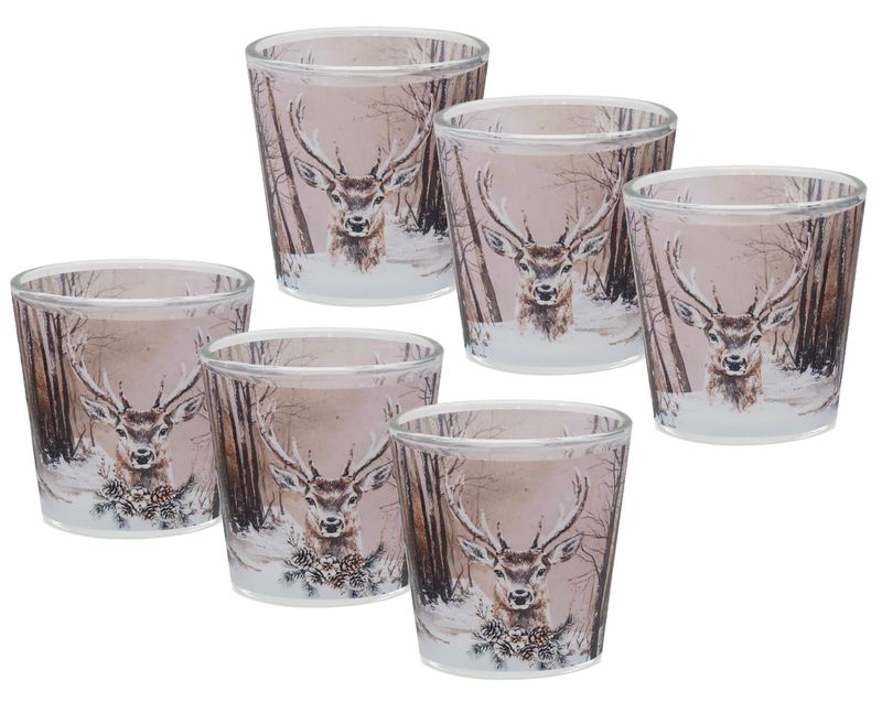 Windlicht Banderole Hirsch Wald Braun Votivglas Tischdeko Herbst Winter 7,5cm H