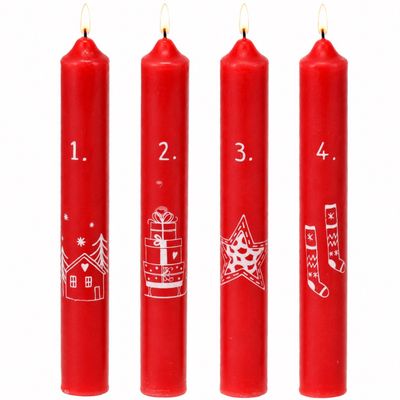 Stabkerzen Rot Advent 1-4 Zahlen Weihnachtsmotive 4 Stück 16 cm Hoch