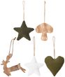 Hängedeko Weihnachten Stern Herz Stoff Grün Weiß Pilz Hirsch Holz Natur Christbaumschmuck 5 Stück 1