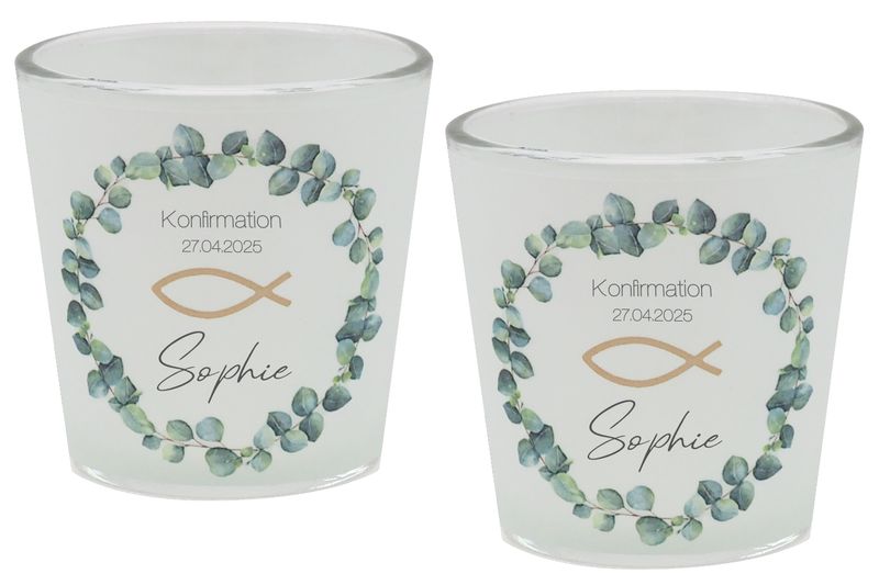 Windlicht Banderole Eukalyptus Fisch Gold Kommunion Konfirmation Tischdeko PERSONALISIERT 7,5cm H