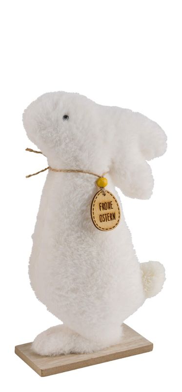 Plüsch Hase auf Holzsockel Weiß kleiner Hase Ostern Deko Figur 26cm Hoch
