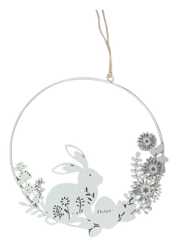 Türschild Türkranz mit Hase Frühling Deko Hänger Kranz Weiß Metallring Ø 25 cm
