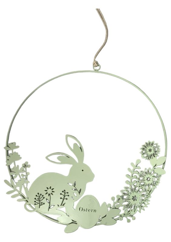 Türschild Türkranz mit Hase Frühling Deko Hänger Kranz Salbei Grün Metallring Ø 25 cm