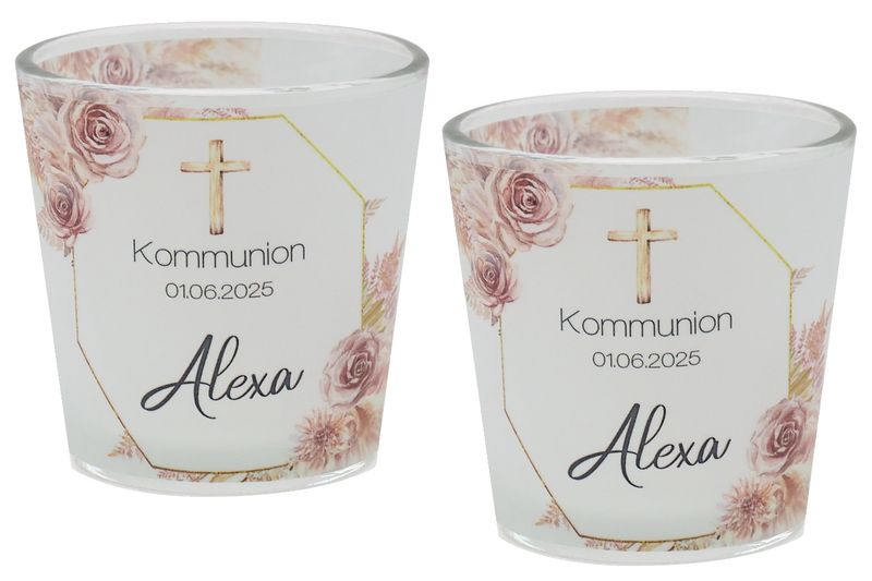 Windlicht Votiv Banderole Blumengesteck Rosa Gold Kreuz Kommunion Konfirmation Tischdeko PERSONALISIERT 7,5cm H