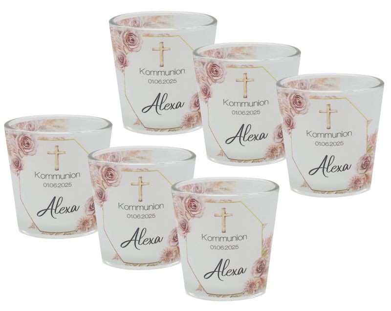 Windlicht Banderole Rosa Blumen Boho mit Kreuz Kommunion Konfirmation Tischdeko PERSONALISIERT 7,5cm H