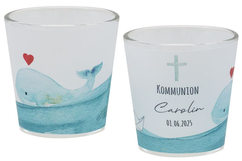 Windlicht Votiv Banderole Wal Papierboot Blau Kommunion Konfirmation Tischdeko PERSONALISIERT 7,5cm H