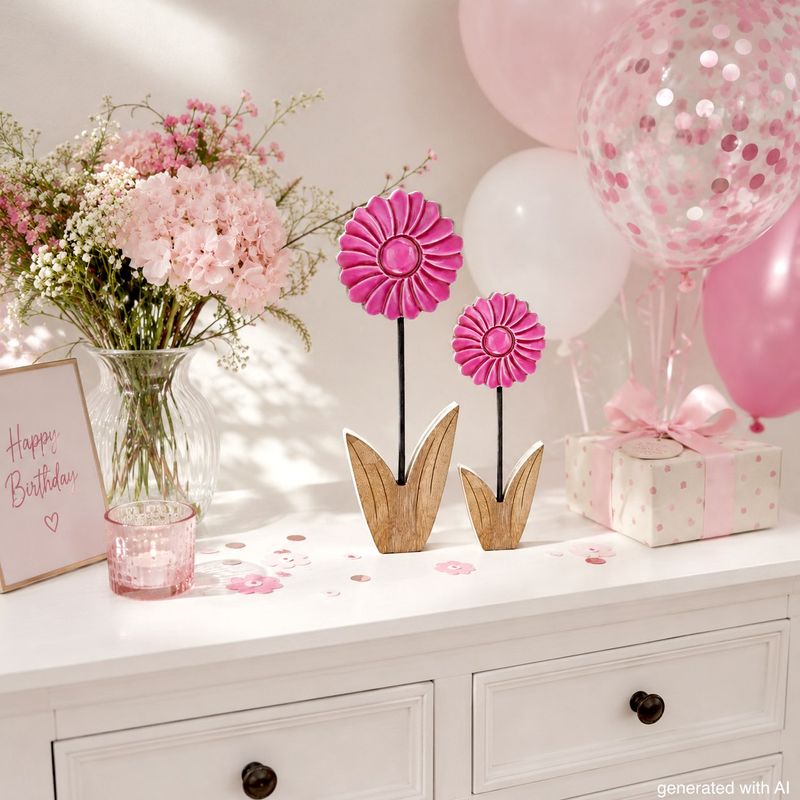 Deko Blume Aufsteller Pink Rund Holz Tischdeko Frühling Sommer 25cm oder 20cm