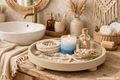 Deko Tablett mit Füßen, Rund, Beige im modern & minimalistisch Still - zum dekorieren in Küche, Bad, Wohnzimmer 2