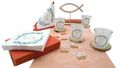 Tischdeko Personalisiert Windlicht Kommunion Konfirmation Eukalyptus Orange Terracotta Natur Holz SET 20 Personen 1