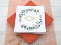 Tischdeko SET Kommunion Konfirmation Servietten Orange Eukalyptus Gold Fisch  4