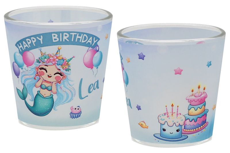 Windlicht Banderole Meerjungfrau Blau Geburtstag Kinder Party Votivglas Mädchen Tischdeko PERSONALISIERT 7,5cm Hoch