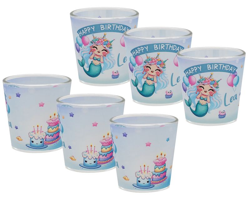 Windlicht Banderole Meerjungfrau Blau Geburtstag Kinder Party Votivglas Mädchen Tischdeko PERSONALISIERT 7,5cm Hoch
