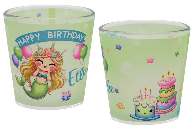 Windlicht Banderole Meerjungfrau Grün Geburtstag Kinder Party Votivglas Mädchen Tischdeko PERSONALISIERT 7,5cm Hoch