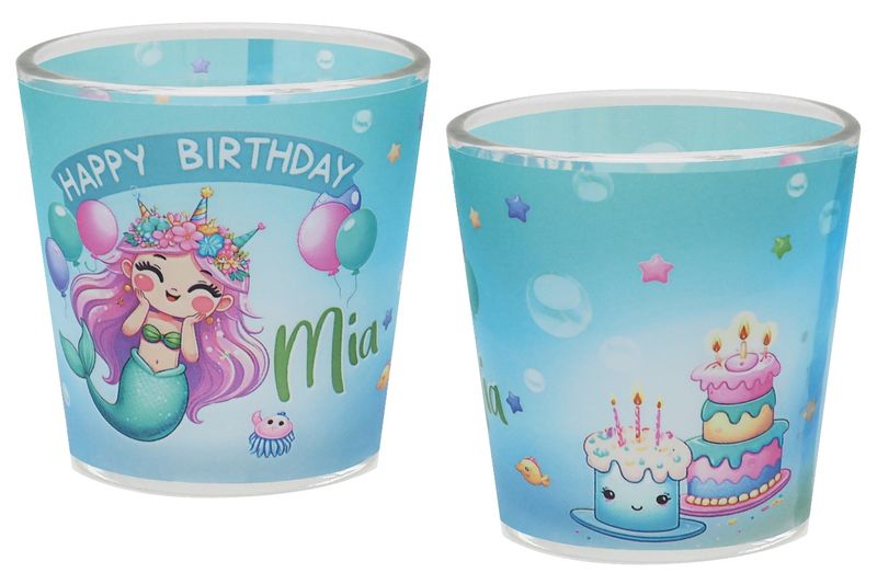 Windlicht Banderole Meerjungfrau Mint Geburtstag Kinder Party Votivglas Mädchen Tischdeko PERSONALISIERT 7,5cm Hoch