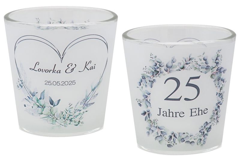Windlicht Votiv Banderole Silberhochzeit 25 Jahre Ehe Eukalyptus Grün Silber Tischdeko PERSONALISIERT 7,5cm H