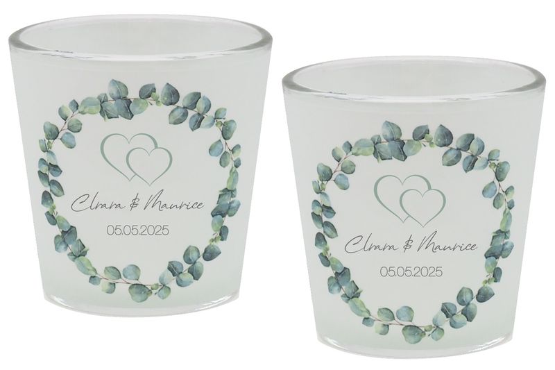 Windlicht Votiv Banderole Hochzeit Ehe Eukalyptus Herz Grün Tischdeko PERSONALISIERT 7,5cm H
