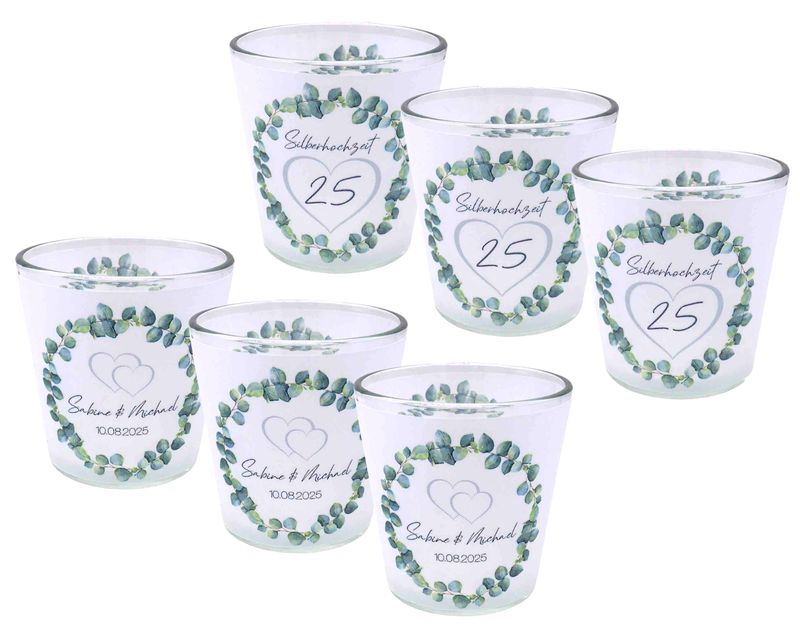 Windlicht Votiv Banderole Silberhochzeit Eukalyptus Herz Silber Tischdeko PERSONALISIERT 7,5cm H