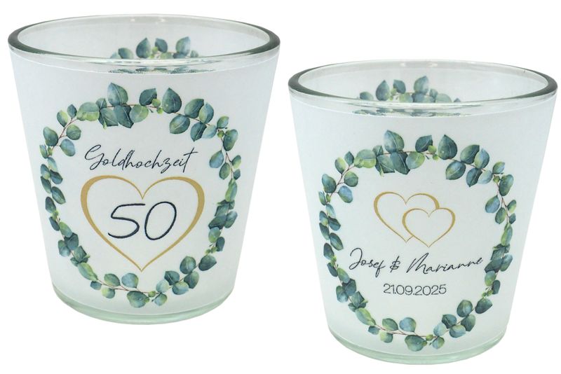 Windlicht Votiv Banderole Goldhochzeit Eukalyptus Herz Gold Tischdeko PERSONALISIERT 7,5cm H