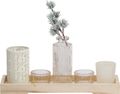 SET Ganzjahrestablett Deko Tablett Holz mit 4 Windlichter, eine Vase Kunstzweig Tischdeko Geschenk 5-tlg 31,5cm L 1