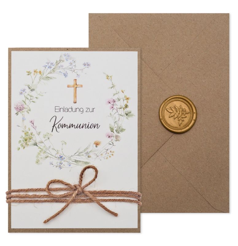 Einladungskarte mit Briefumschlag Personalisiert Kommunion Konfirmation Taufe Blumenkranz Kraft
