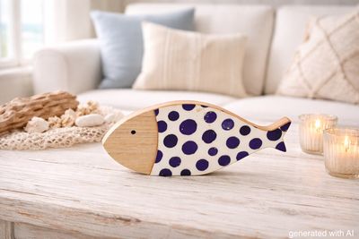 Deko Fisch aus Holz zum Hinstellen – Handbemalt in Wollweiß mit blauen Punkten & Goldglitzer – Maritim